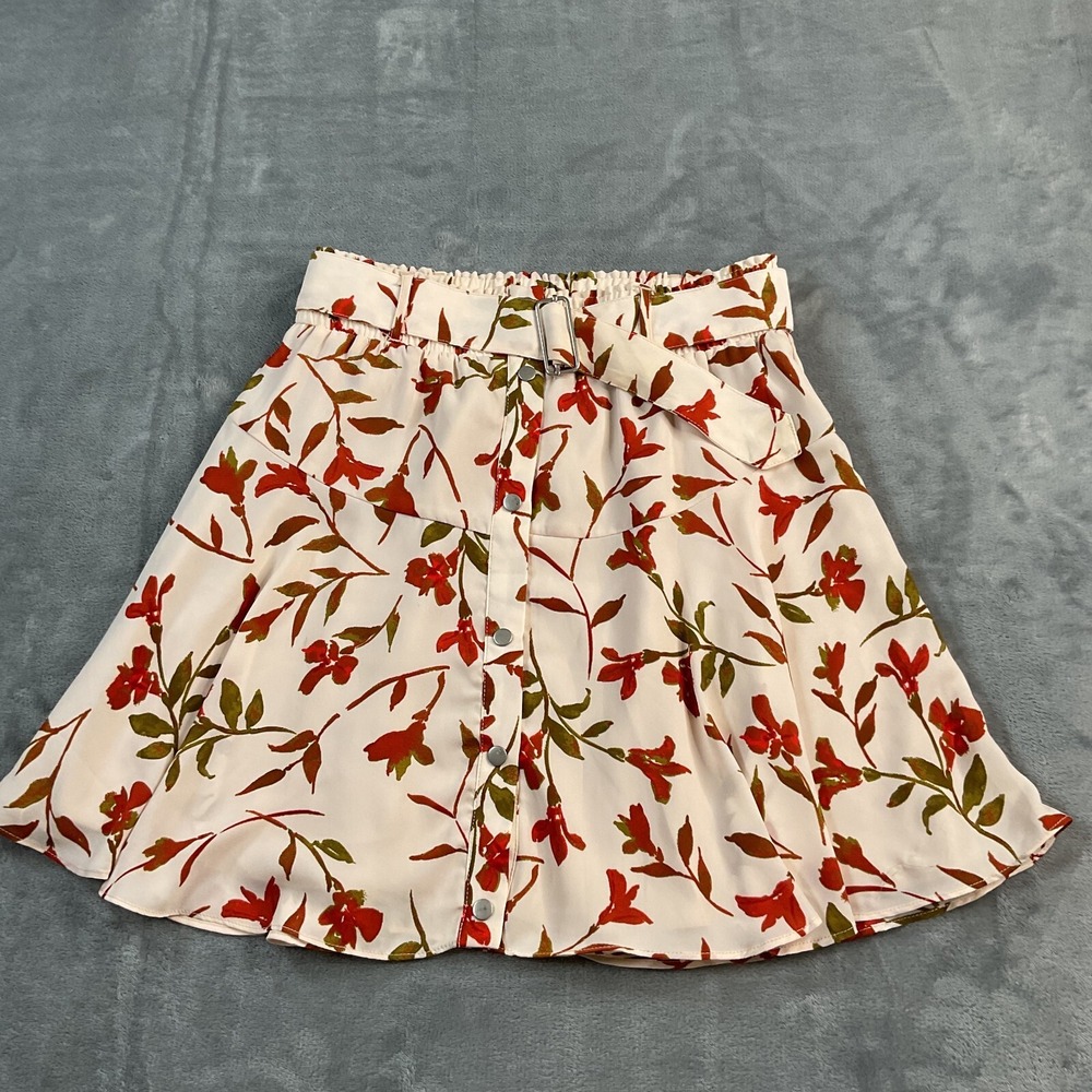 Lovers & Friends Fountain Skirt Floral Belted‎ Cream Rust  Snap Down Sz Small